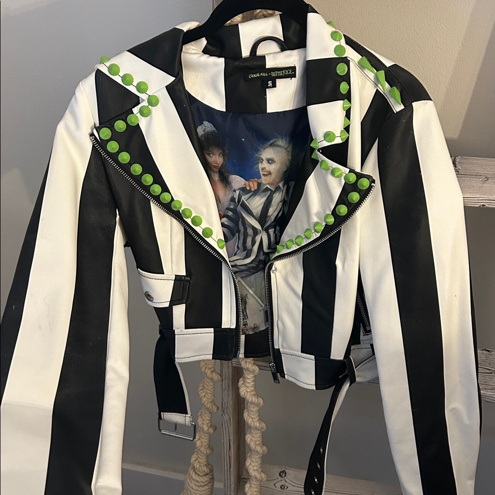 Beetlejuice Black and White Striped Vegan Leather Jacket with Spiked Green Studs